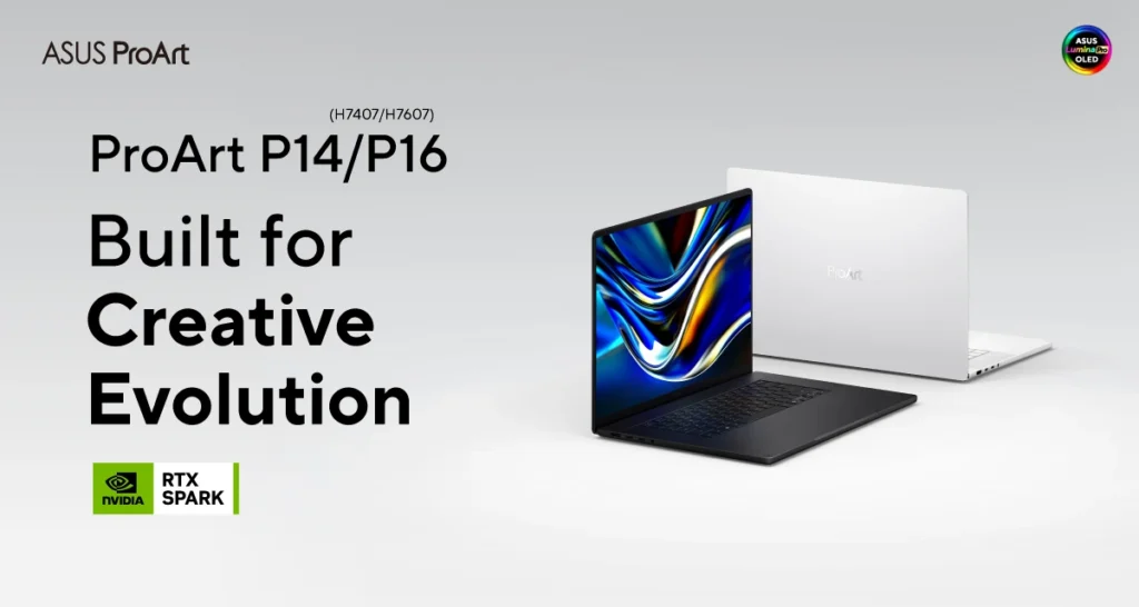 ASUS ProArt RTX Spark P14 and P16 laptops in black and white