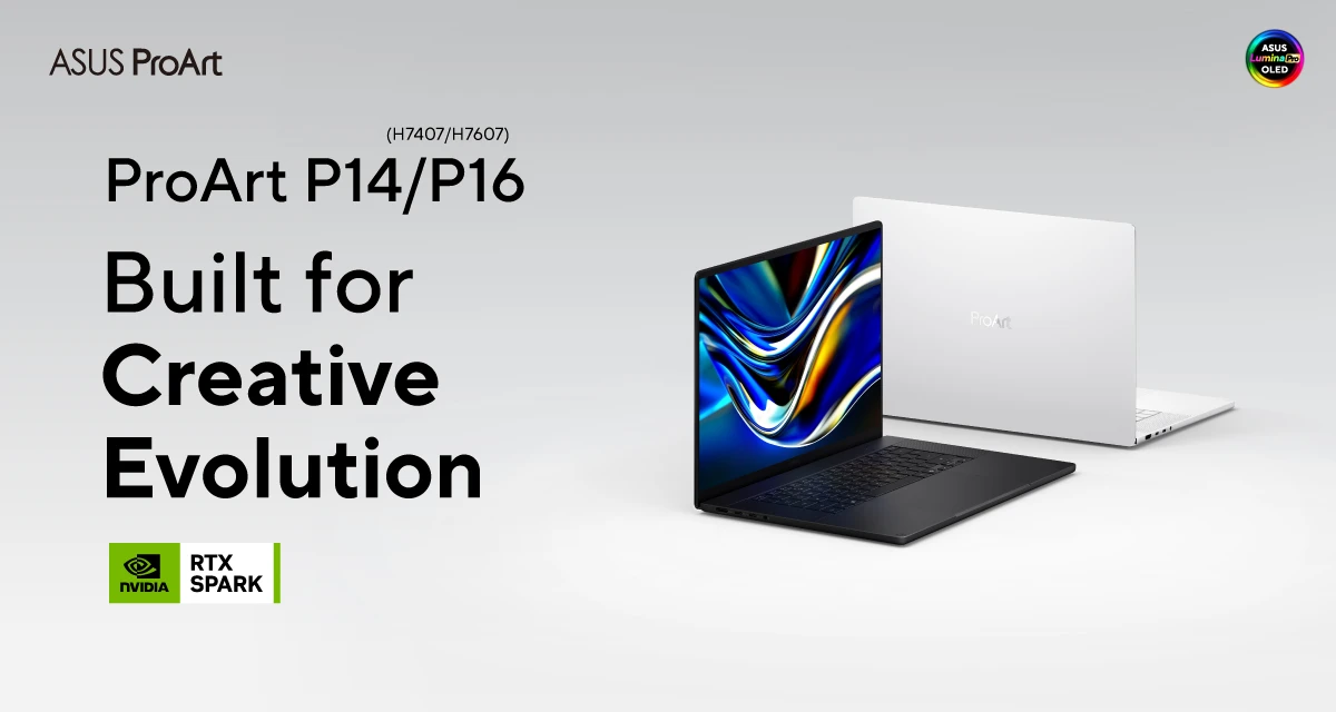 ASUS ProArt RTX Spark P14 and P16 laptops in black and white