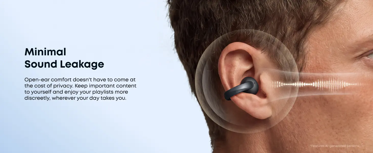 Anker soundcore AeroClip 2 editorial image highlighting Anker AeroClip 2 Minimal Sound Leakage