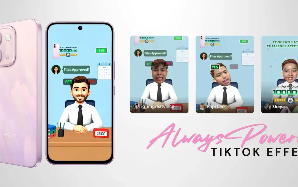 vivo V80 Lite smartphone shown with screenshots of the AlwaysPowered TikTok effect.