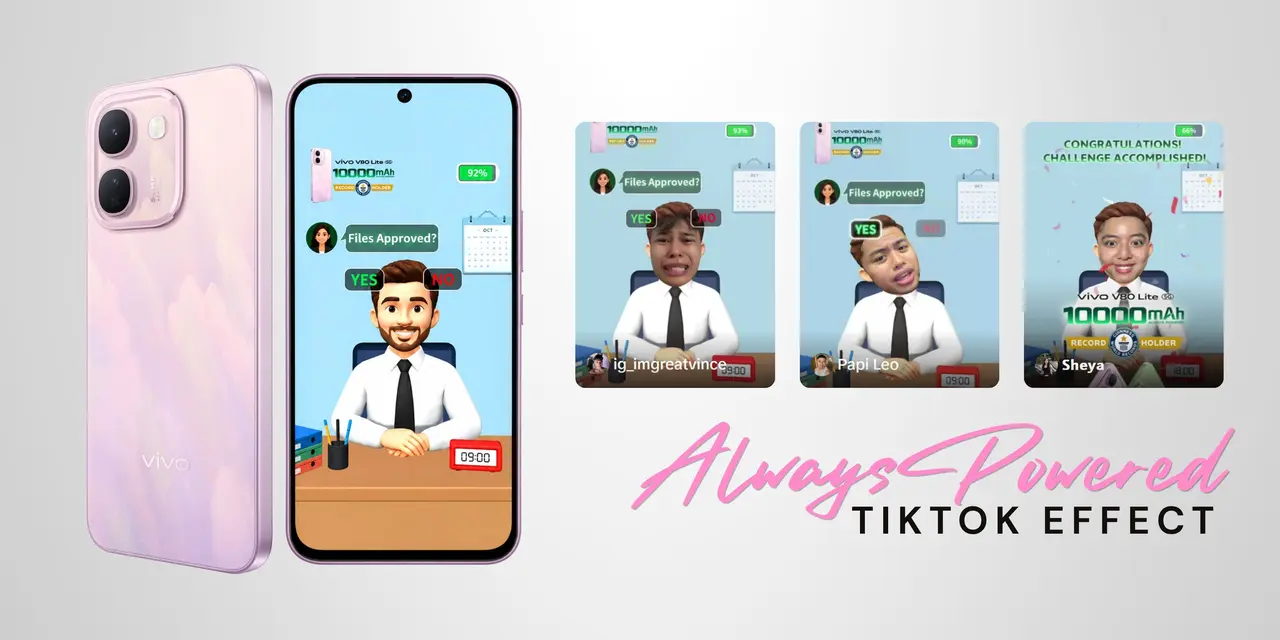 vivo V80 Lite smartphone shown with screenshots of the AlwaysPowered TikTok effect.