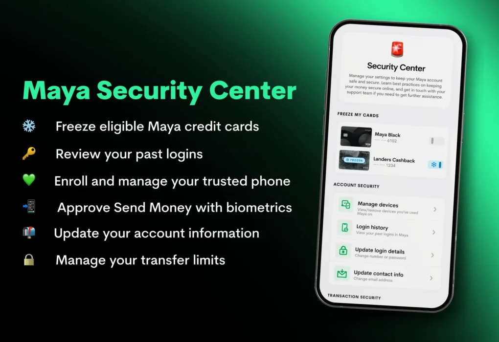 Maya in-app Security Center editorial image highlighting MAYA SECURITY