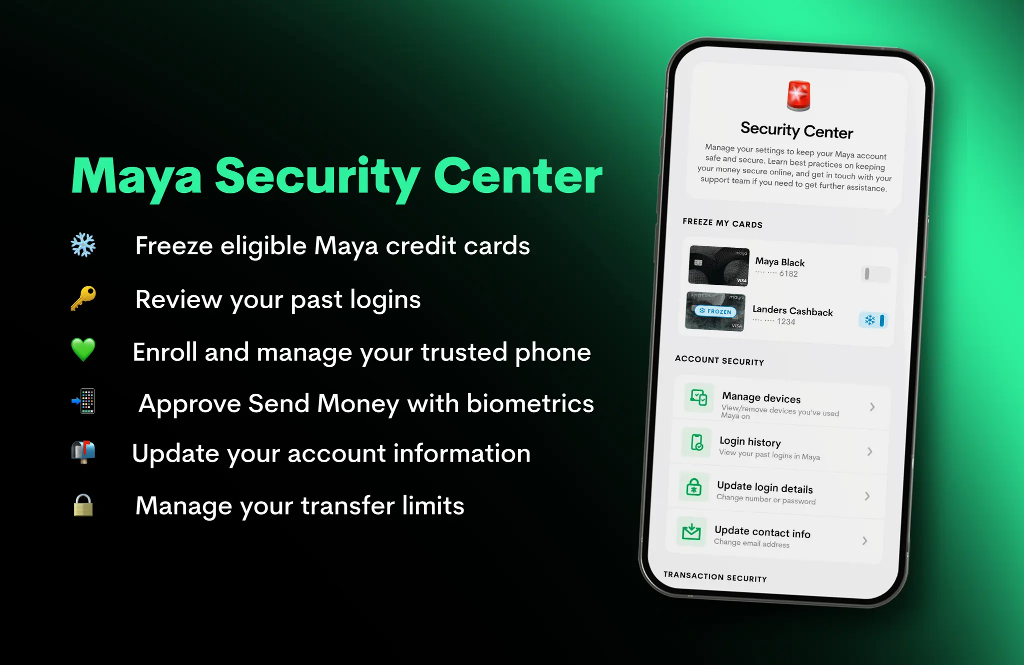 Maya in-app Security Center editorial image highlighting MAYA SECURITY