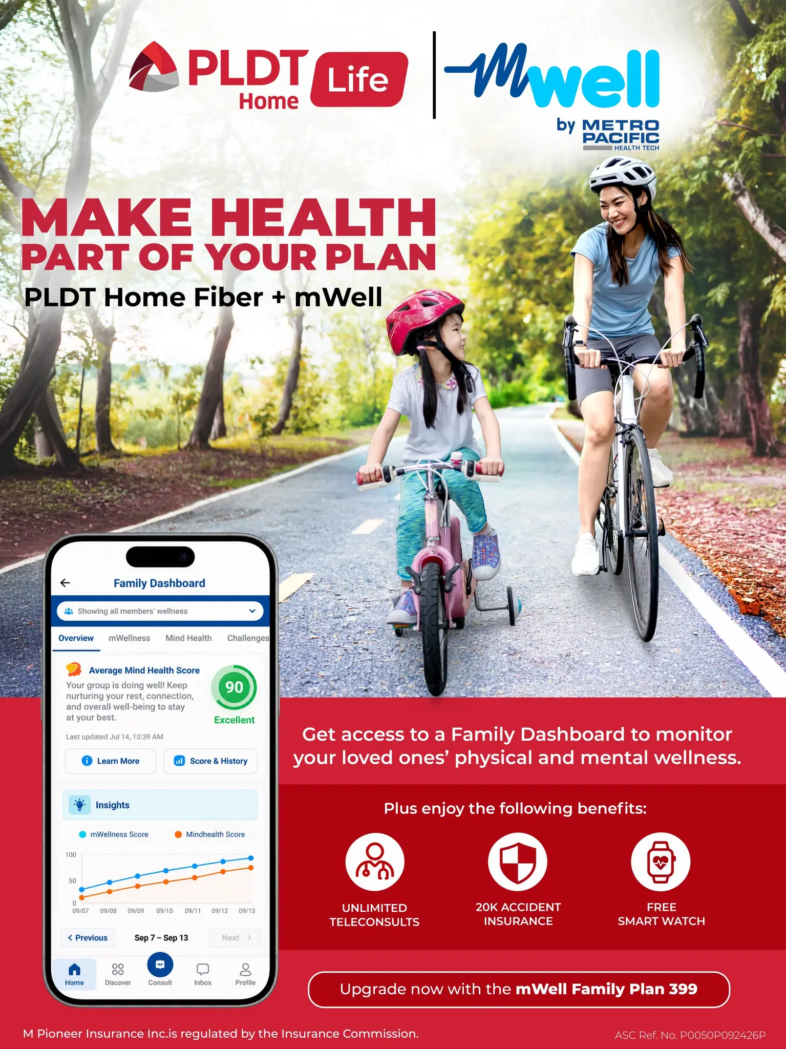 PLDT Home Life and mWell promotional graphic with a woman and child cycling beside a family wellness dashboard.