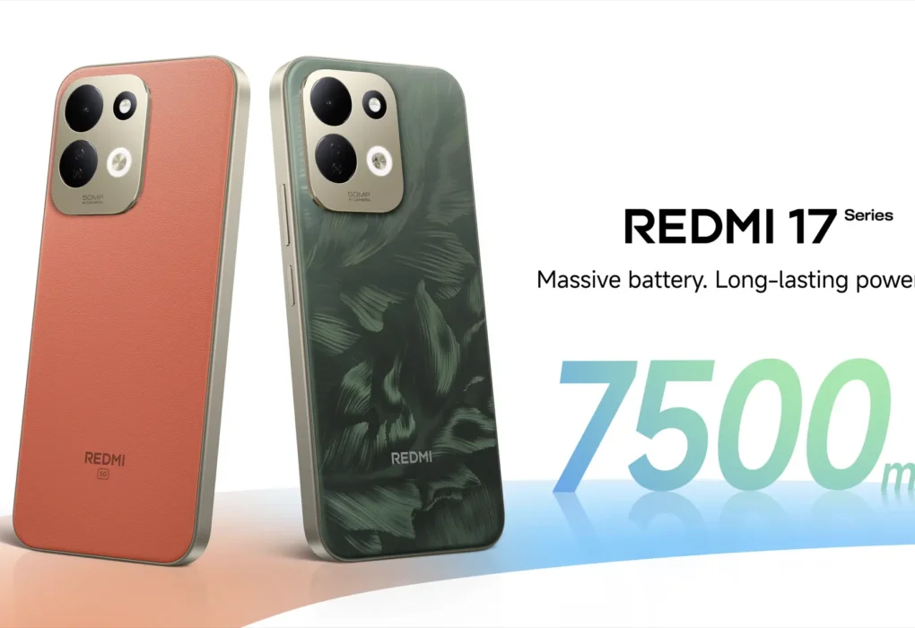 Xiaomi REDMI 17 Series promotional graphic showing two smartphones and a 7,500mAh battery callout.