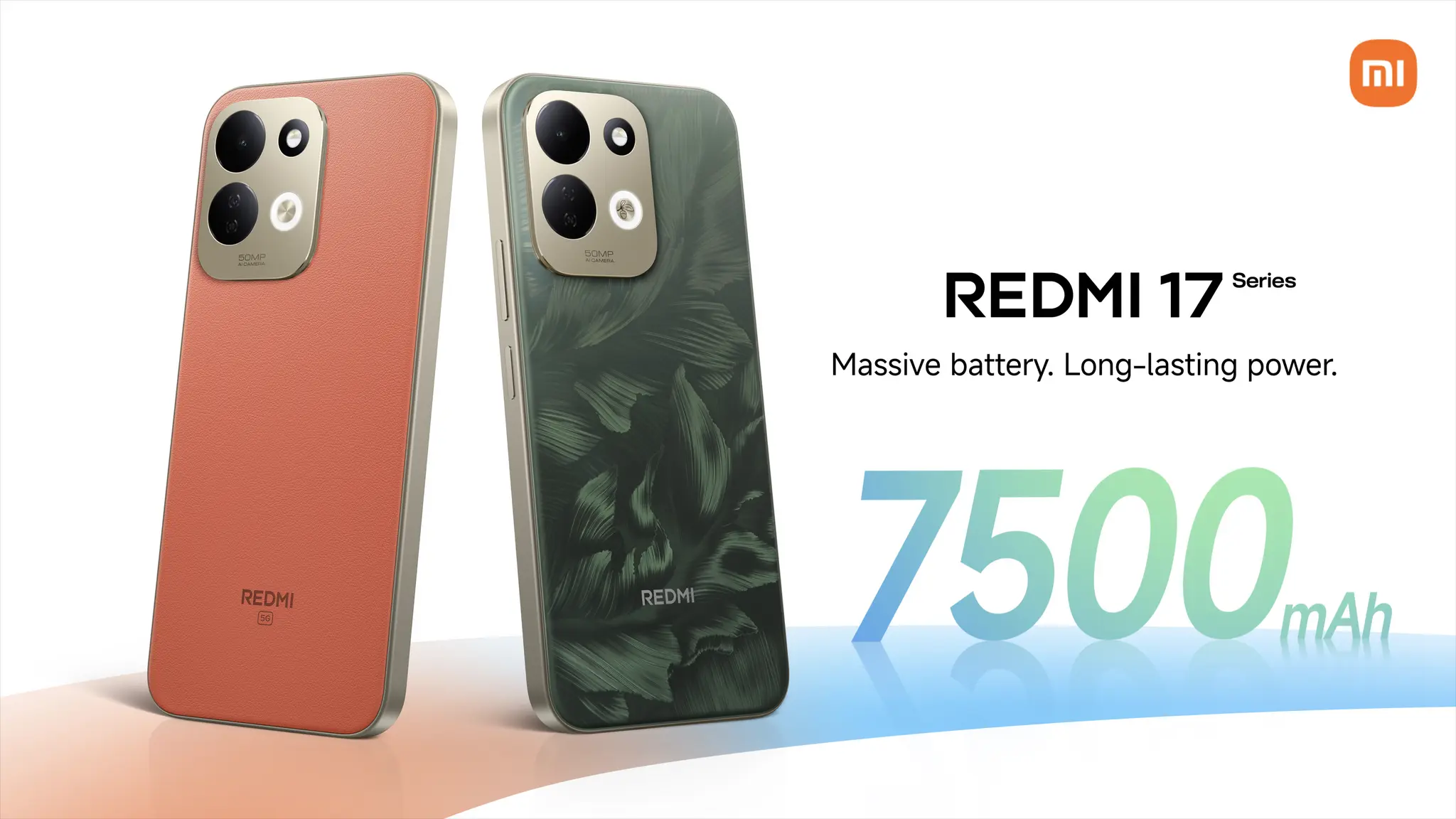 Xiaomi REDMI 17 Series promotional graphic showing two smartphones and a 7,500mAh battery callout.